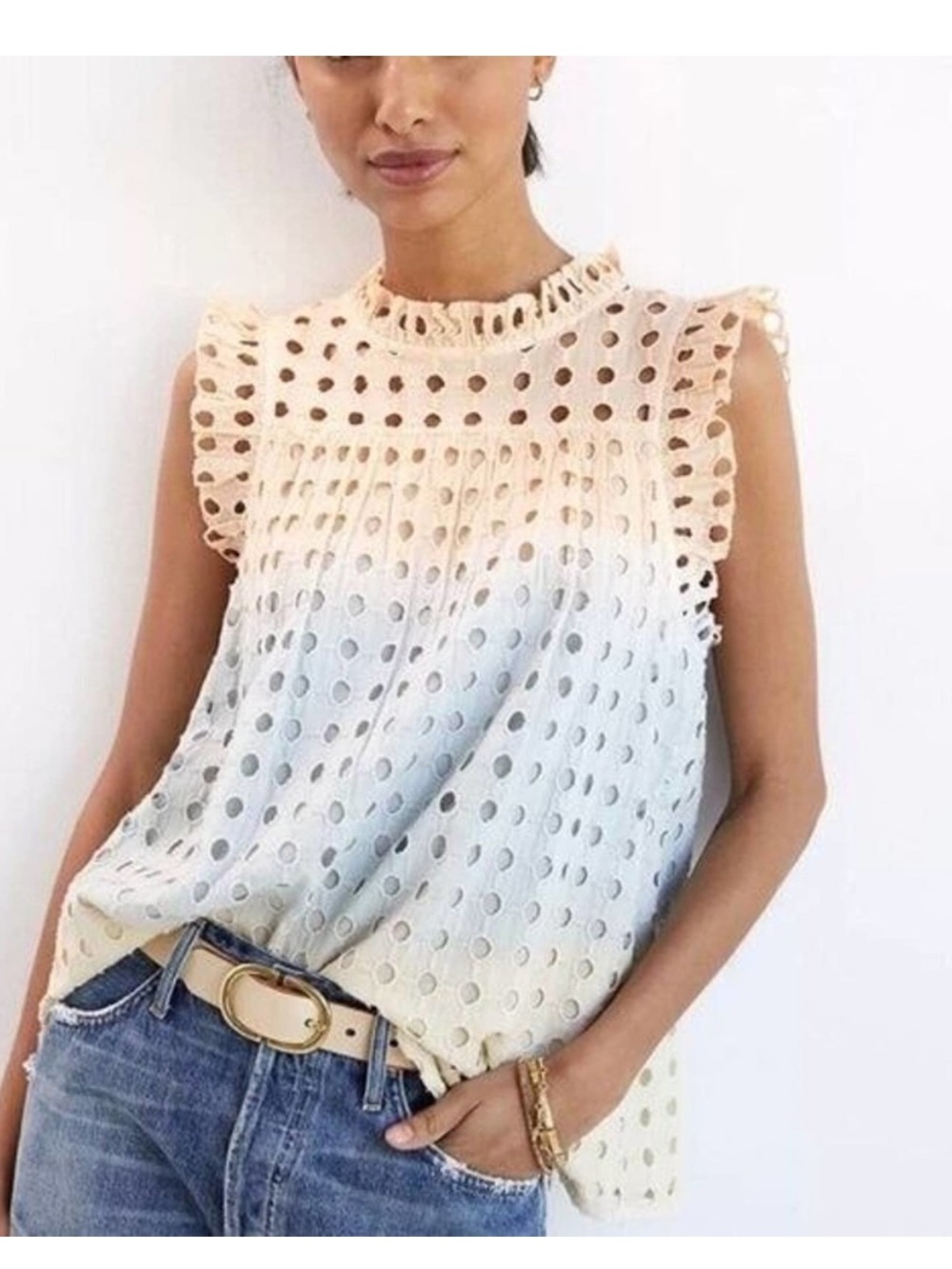 Ollari Anthropologie Ruffled Eyelet Ombre Top Tank M Lined 100% Cotton